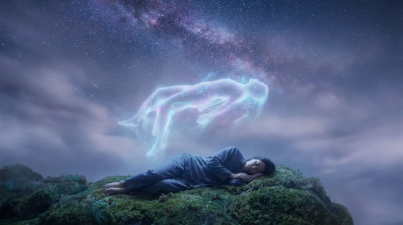 Sleeping person on hill as glowing spirit form rises into starry sky, symbolizing vivid dream experience