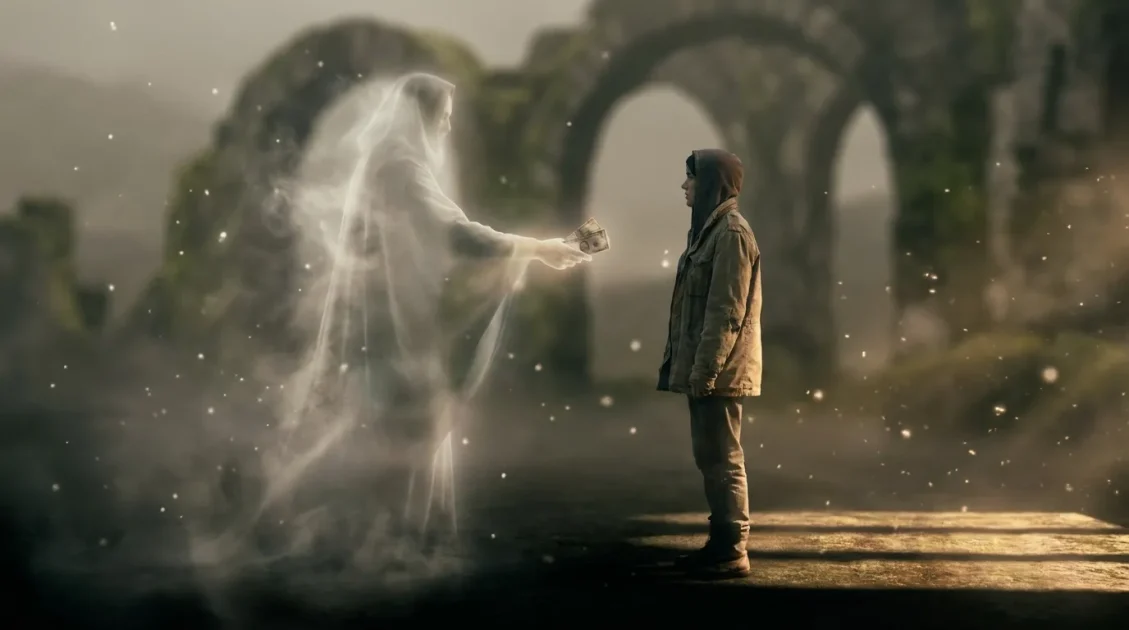 Ghostly figure giving money to a person in a misty setting, symbolizing past ties and spiritual meaning