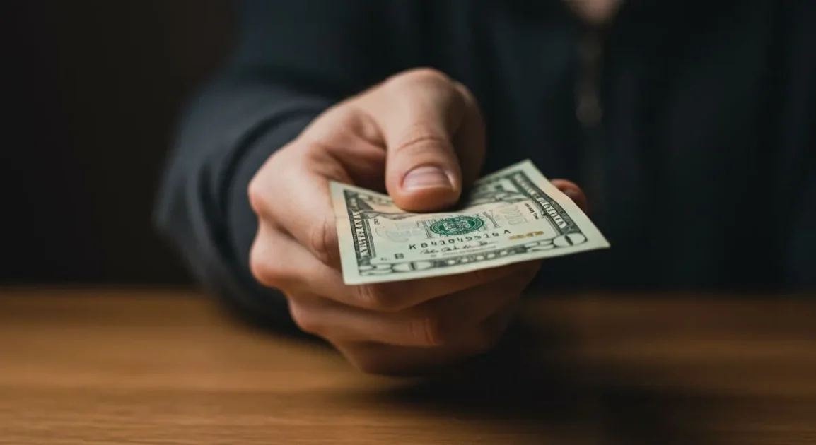 Hand offering a twenty-dollar bill across a wooden table.