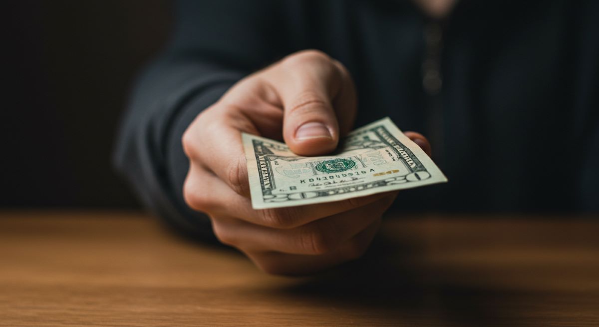 Hand offering a twenty-dollar bill across a wooden table