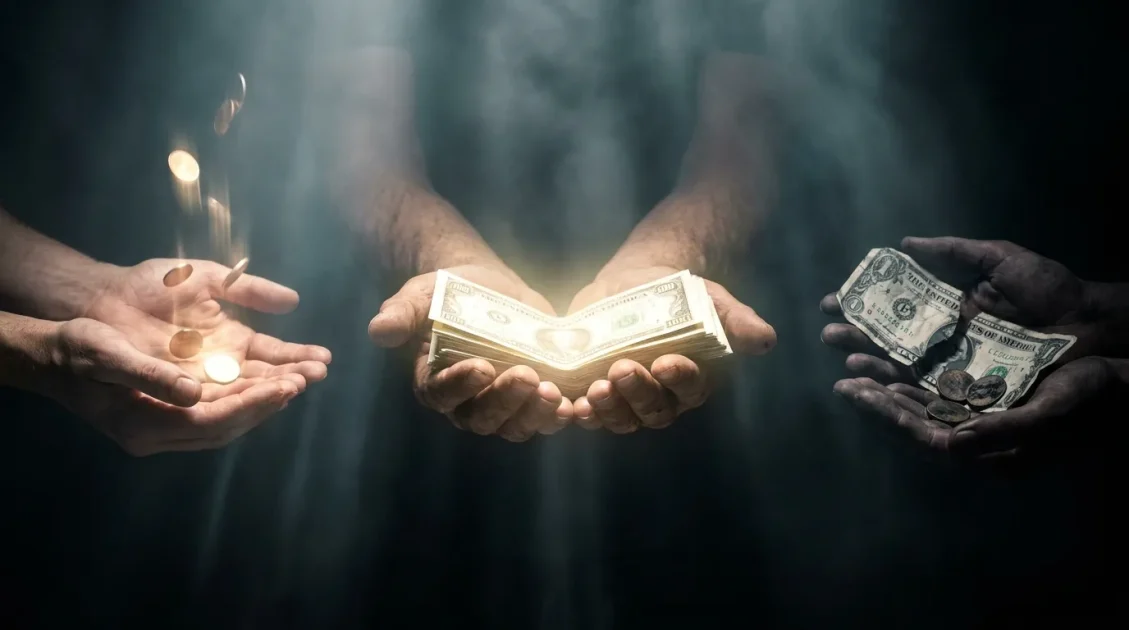 Hands receiving coins, clean bills, and torn money symbolizing blessings, provision, and warning signs