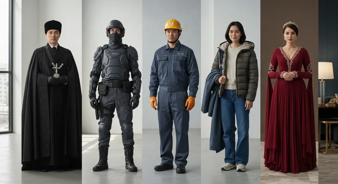 Individuals in robe, armor, uniform, casual, and luxury clothing showing roles, identity, and status