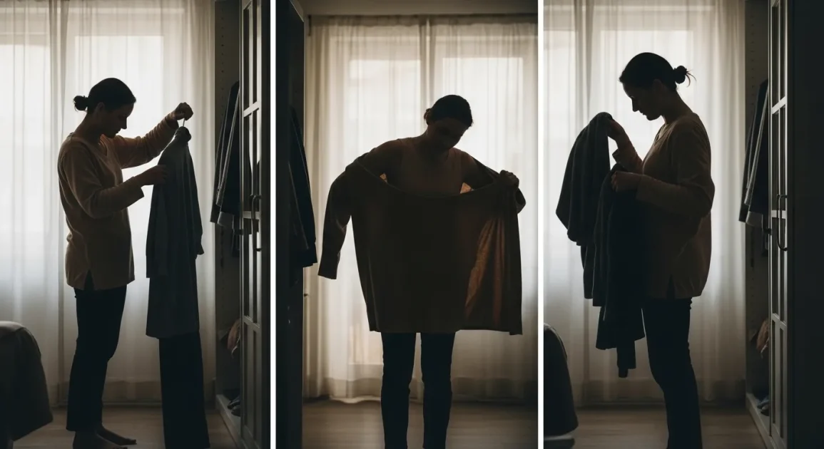 Person selecting clothes in wardrobe, symbolizing change, decision-making, and personal transformation
