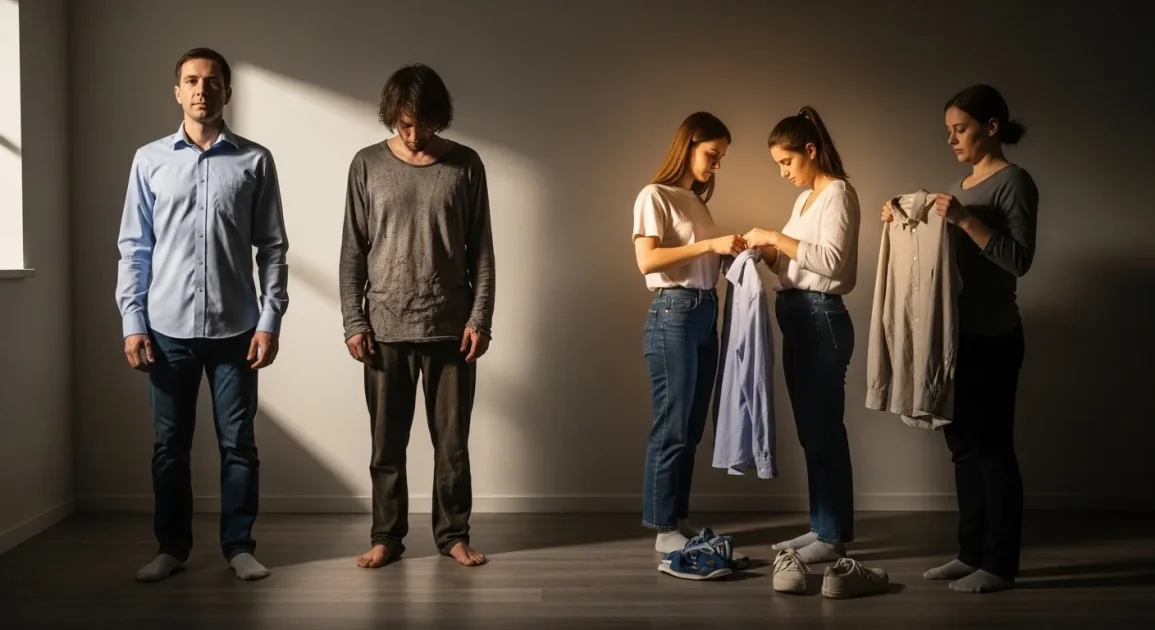 Clean vs worn clothing and choosing new outfits symbolizing renewal, struggle, and life transitions