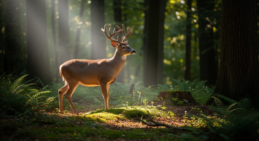 Sunlight shines through trees onto a majestic deer standing calmly in a lush green forest clearing.