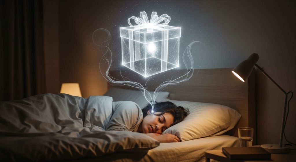 A woman sleeps peacefully as a glowing gift box hologram floats above her, symbolizing dreams or hope.