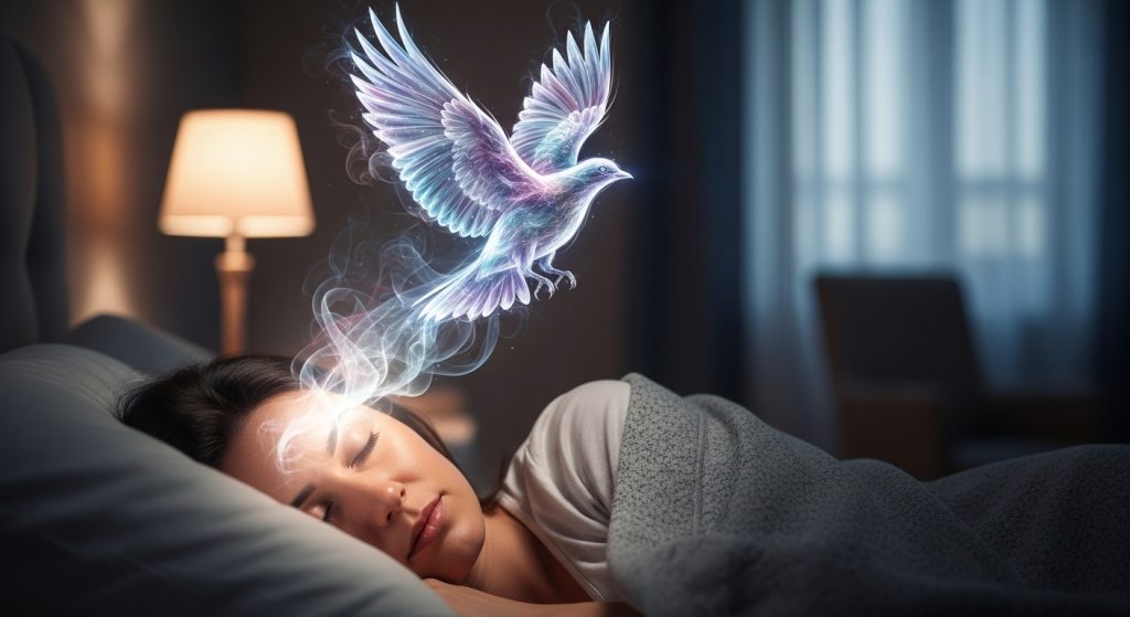 A woman dreams peacefully as a glowing spiritual bird rises, symbolizing divine messages in sleep.