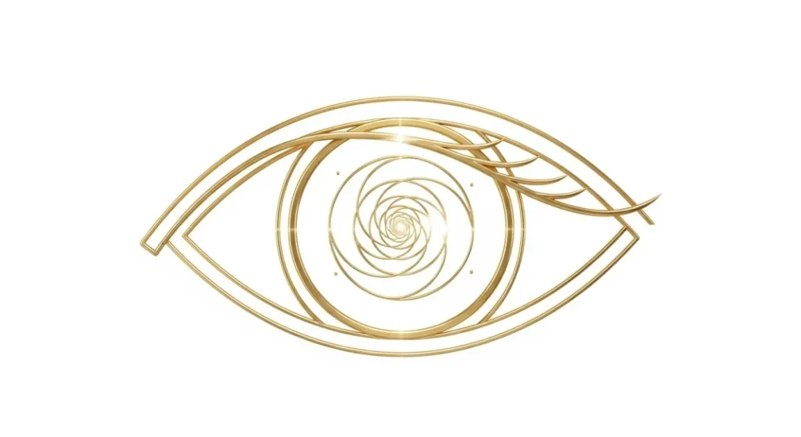 Elegant golden eye symbol with spiral iris design, minimalist lines, and a white background.