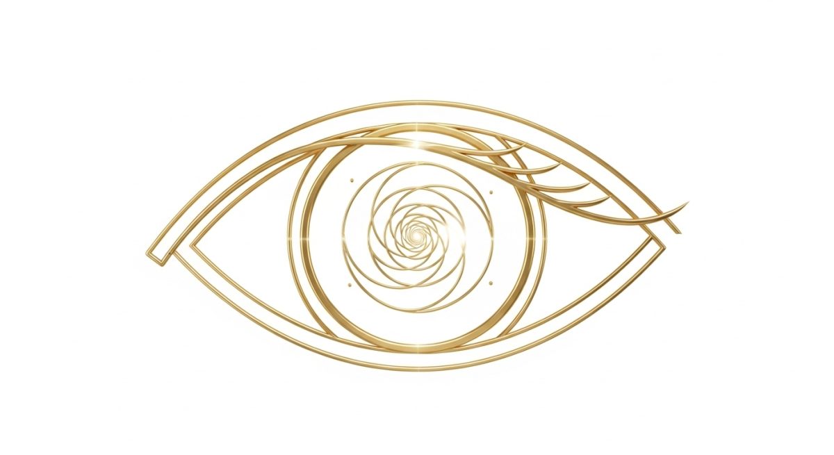 Elegant golden eye symbol with spiral iris design, minimalist lines, and a white background.