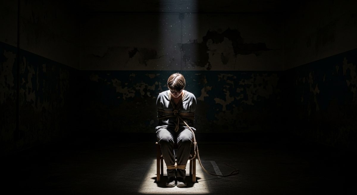 Person tied to a chair under a beam of light in a dark, decayed room, symbolizing fear and captivity.