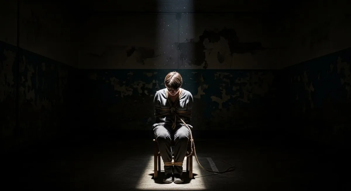 Person tied to a chair under a beam of light in a dark, decayed room, symbolizing fear and captivity.