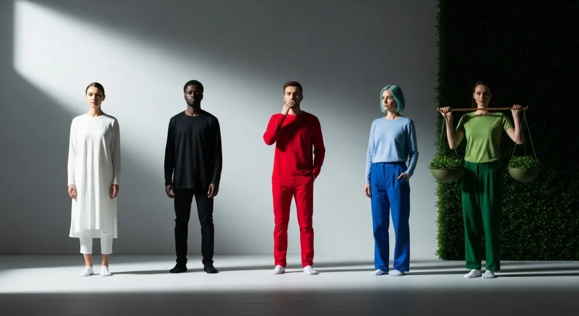 People wearing white, black, red, blue, and green clothes representing emotions, identity, and balance