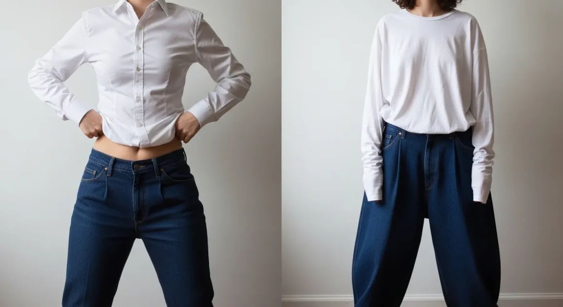 Person adjusting oversized jeans versus well-fitted outfit, symbolizing change, growth, and identity