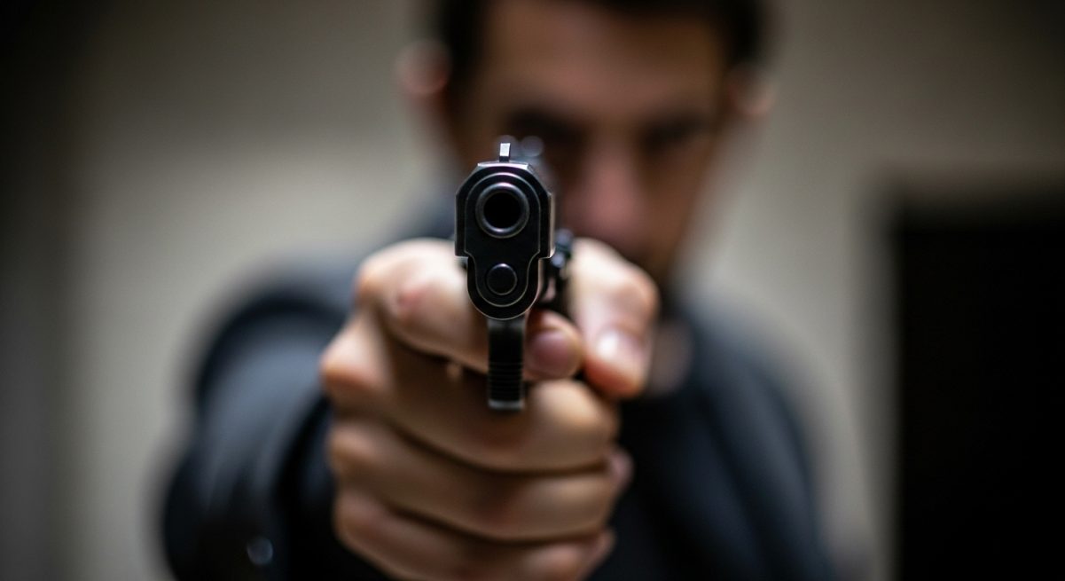 A blurred close-up of a person pointing a gun directly at the camera.
