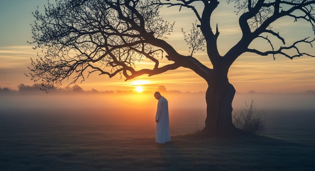 Man in white robe standing under a tree in a dreamlike sunrise
