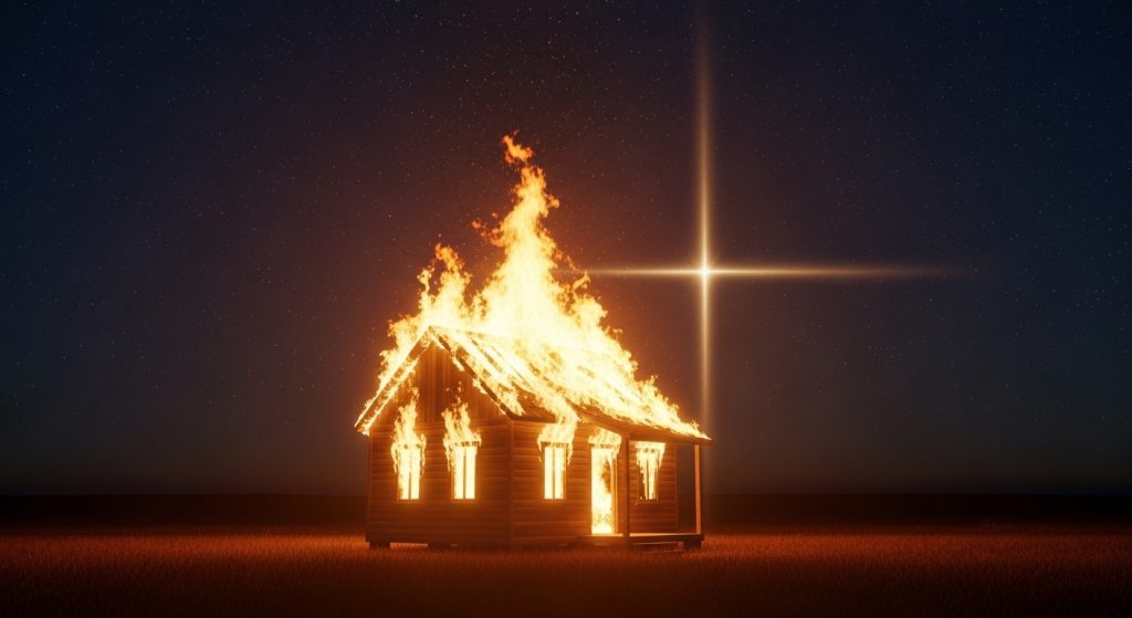 A burning wooden house under a night sky with a glowing cross shining beside it.