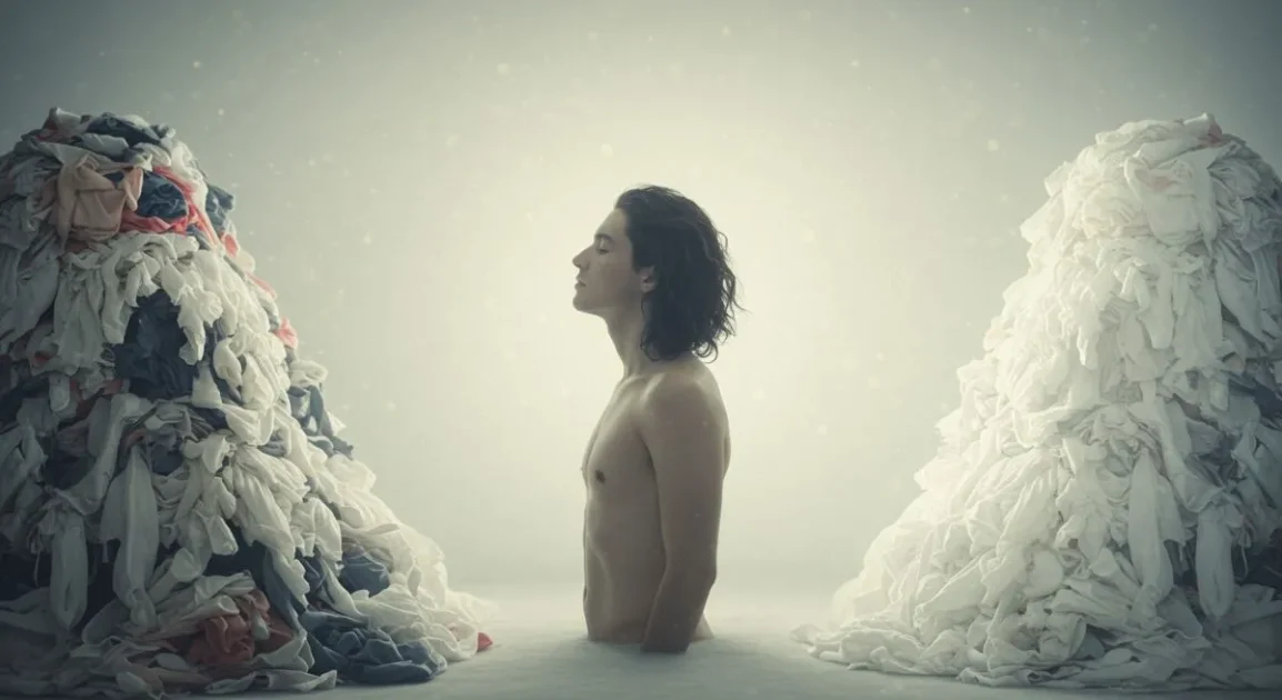 Man standing calmly between two towering piles of fabric in a dreamlike, softly lit scene.