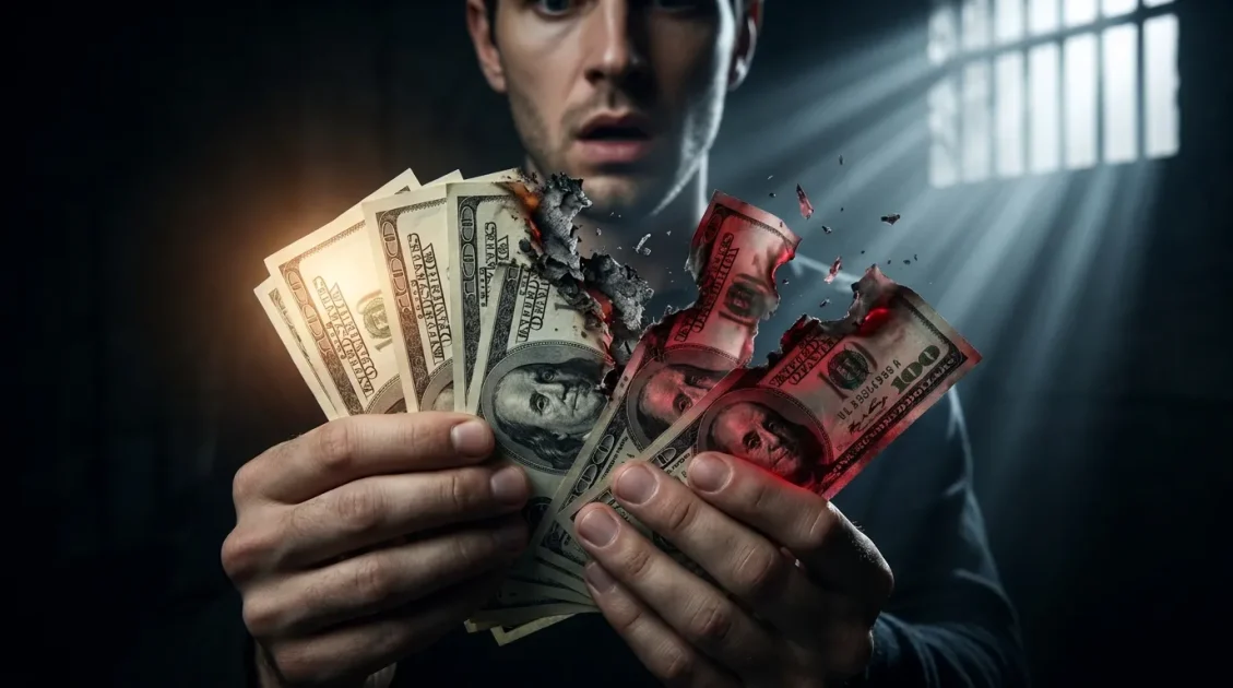 Man holding money turning from clean to burning counterfeit bills, representing deception and false gain