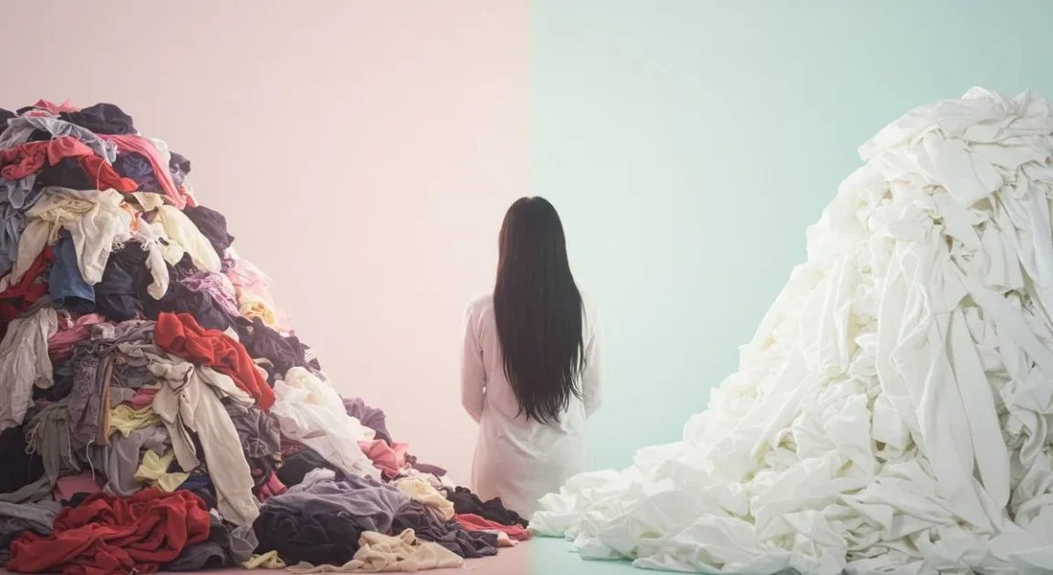 Person facing piles of dirty and clean clothes