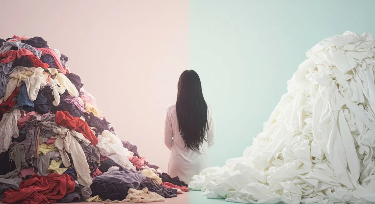 Person facing piles of dirty and clean clothes