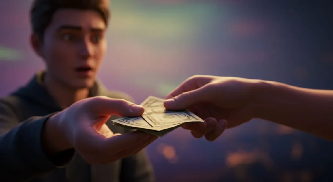 Person receiving cash with a surprised expression