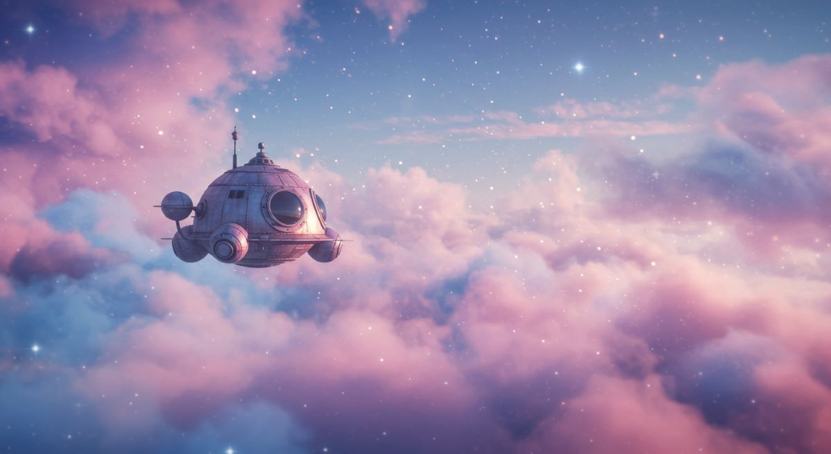 Small spaceship floating among pink clouds