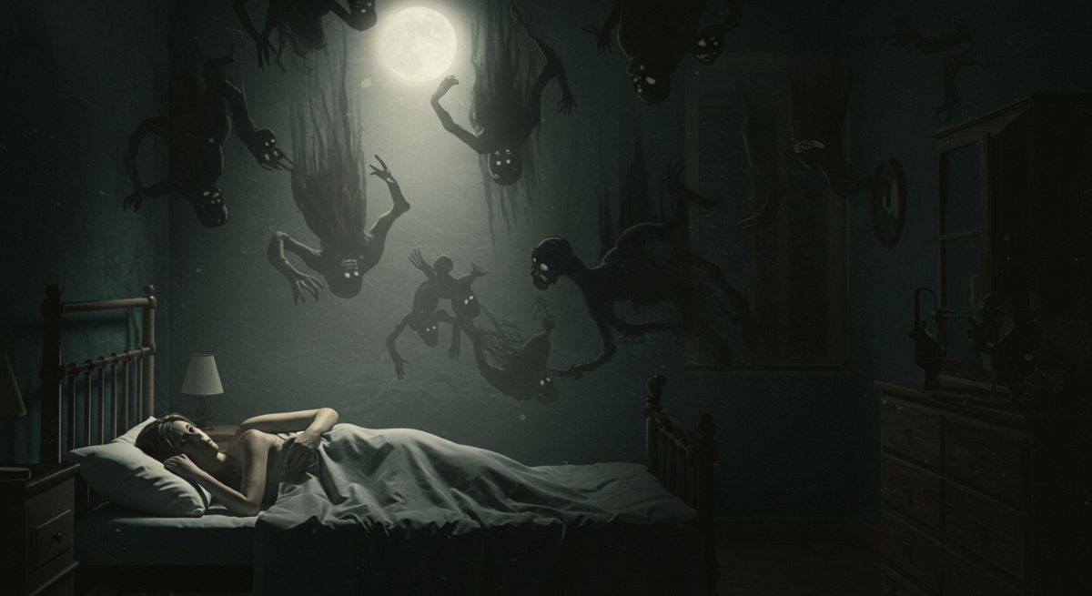 A woman sleeps as dark shadowy figures float above her under the moonlight.