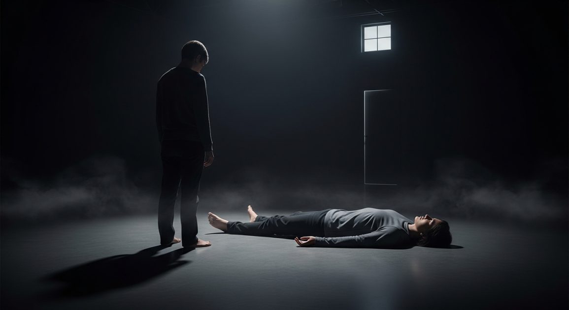 A person stands in a dark dreamlike room, looking at their own body lying still on the floor.