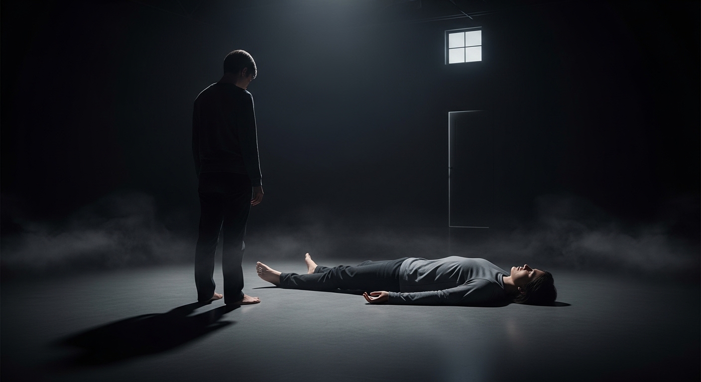 A person stands in a dark dreamlike room, looking at their own body lying still on the floor.