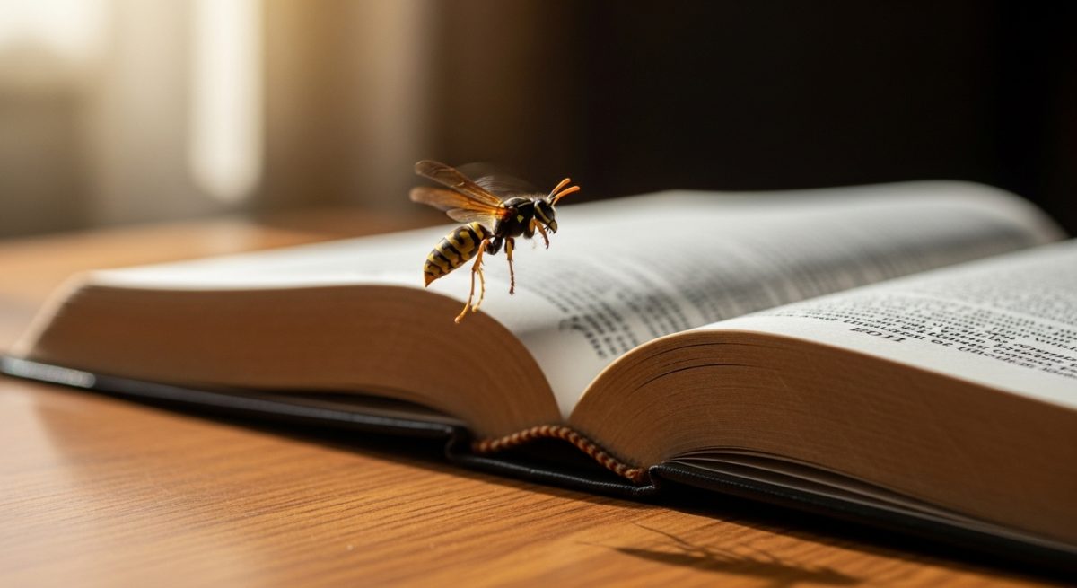 A single wasp hovering over an open Bible, soft light, peaceful but serious mood