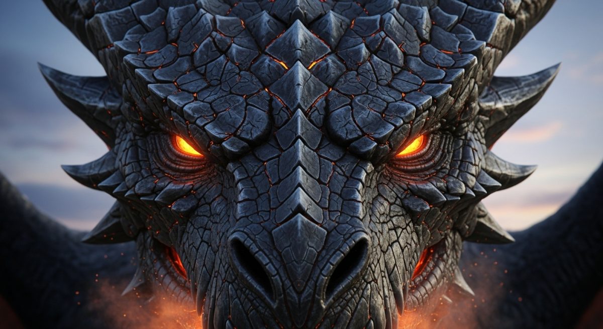 Fiery-eyed black dragon staring forward with glowing embers and cracked scales in dramatic close-up.