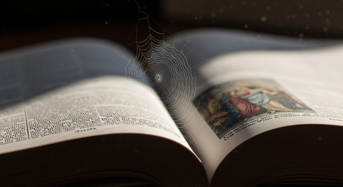 A single, intricate spiderweb woven across the pages of an open ancient bible, with soft ethereal light shining through it, symbolic and reverent.