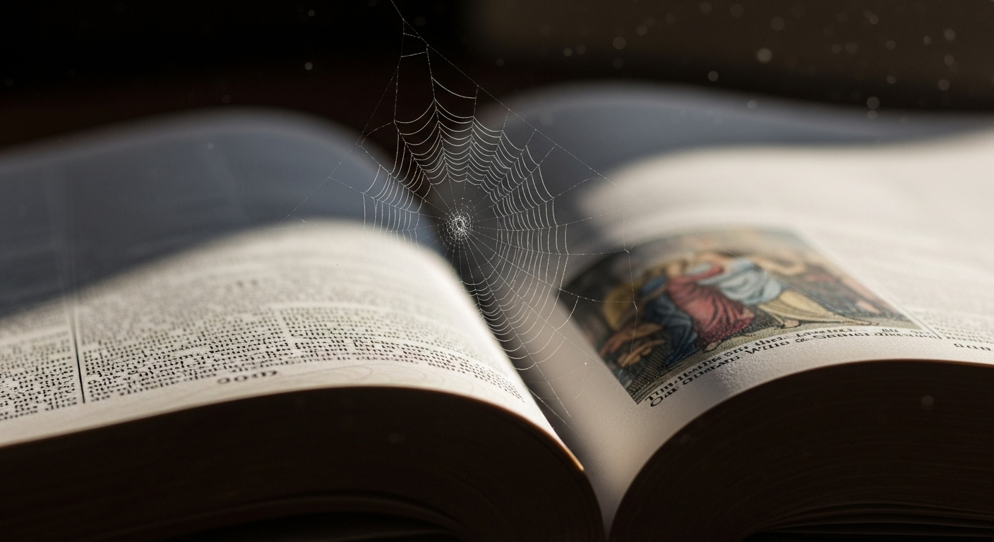 A single, intricate spiderweb woven across the pages of an open ancient bible, with soft ethereal light shining through it, symbolic and reverent.
