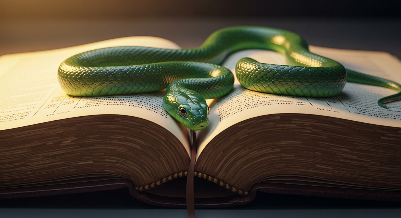 Green snake resting on an open Bible, symbolizing spiritual meaning and interpretation.