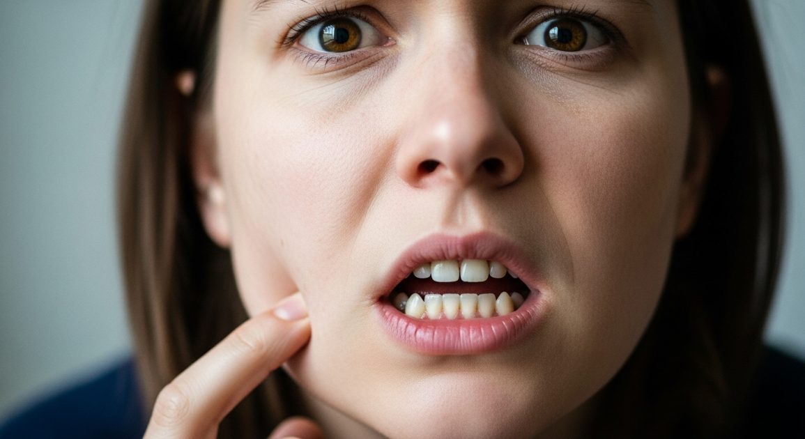 Woman looking worried while touching her jaw and checking her teeth closely.