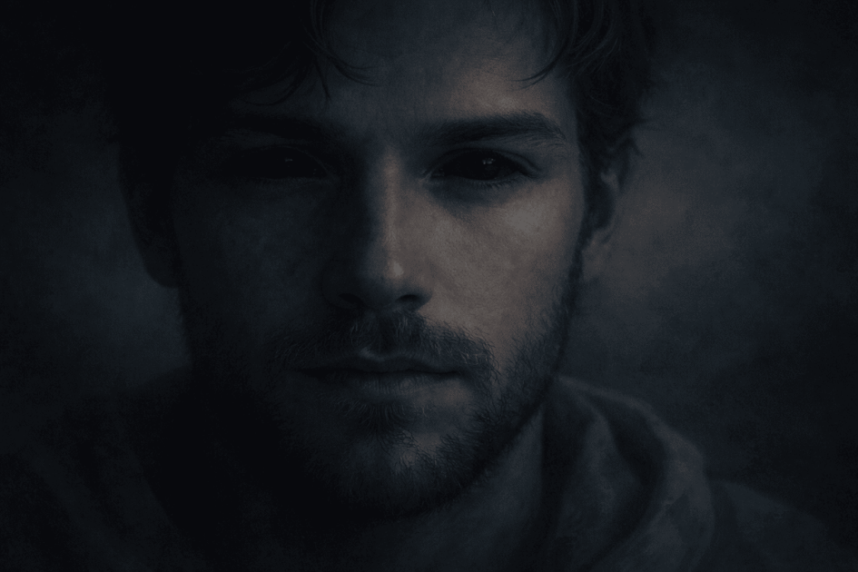 Calm male face in soft darkness with fully black eyes, blue tones, symbolic biblical dream imagery