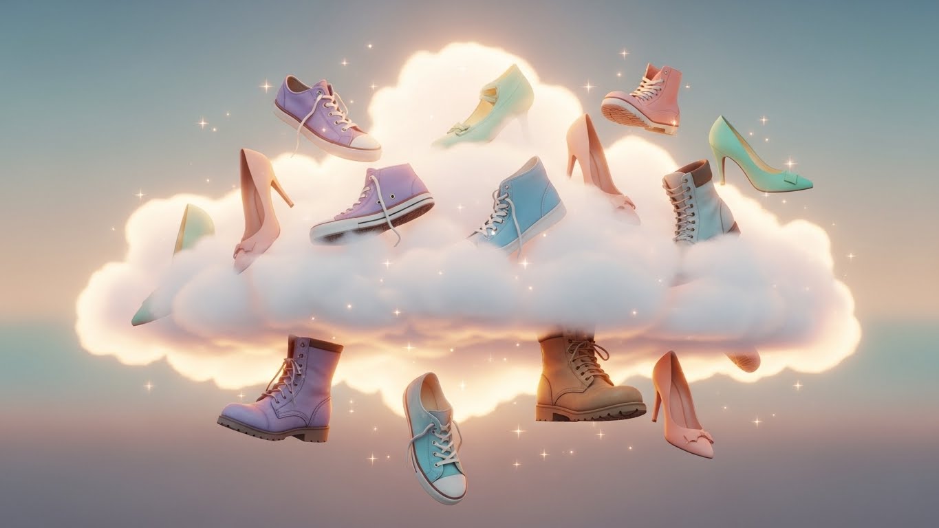Colorful shoes floating on a bright cloud in a dreamy sky, representing shoe symbolism in dreams.
