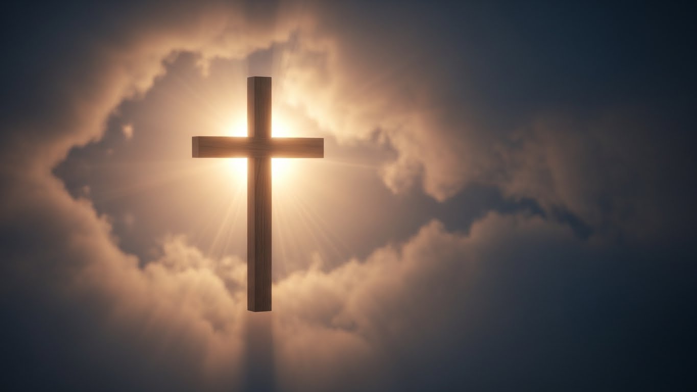 Glowing wooden cross shining through clouds with soft light in a peaceful sky.
