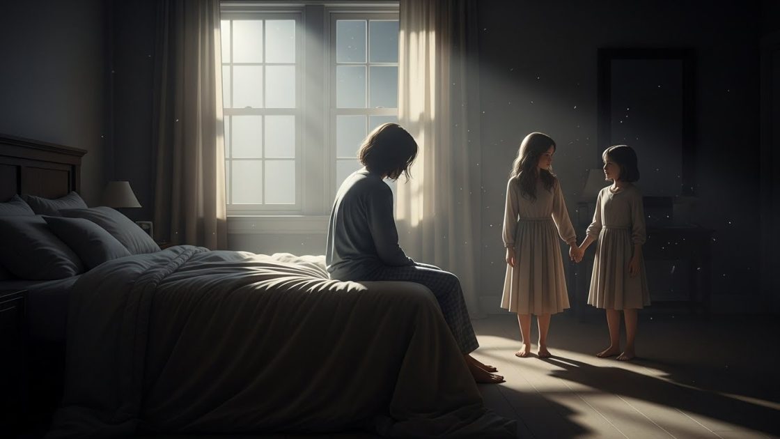 Person sitting on bed as two sisters appear in soft light, symbolizing a meaningful dream about family connection.