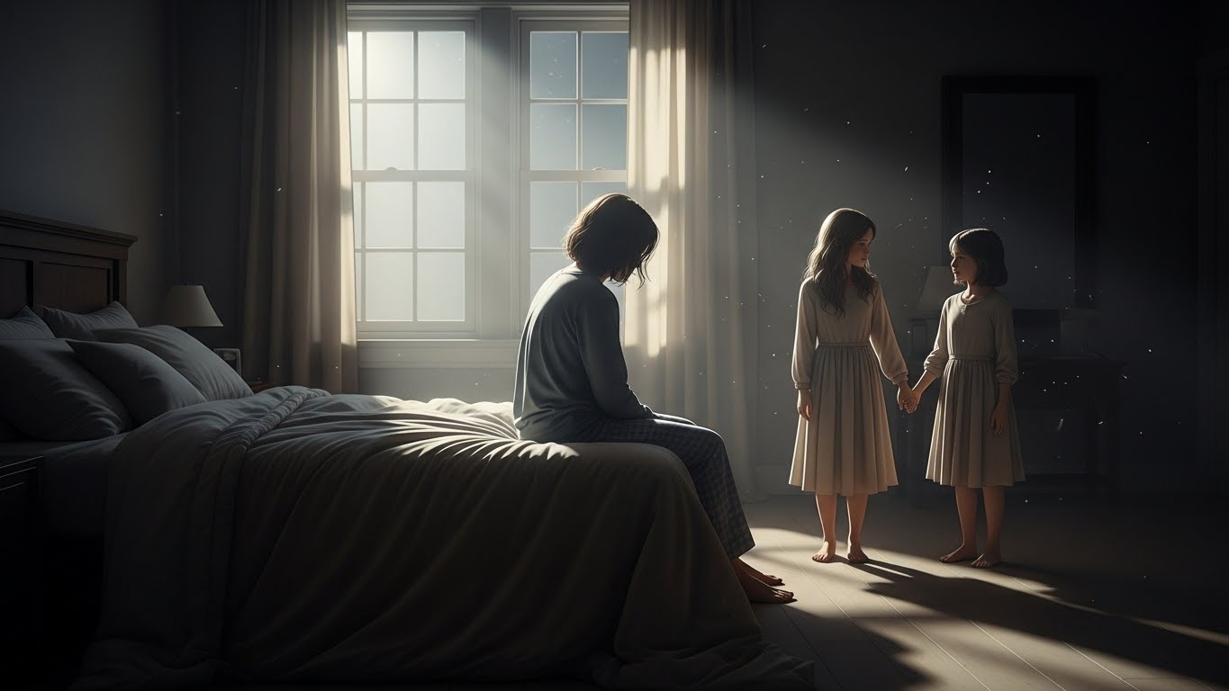 Person sitting on bed as two sisters appear in soft light, symbolizing a meaningful dream about family connection.