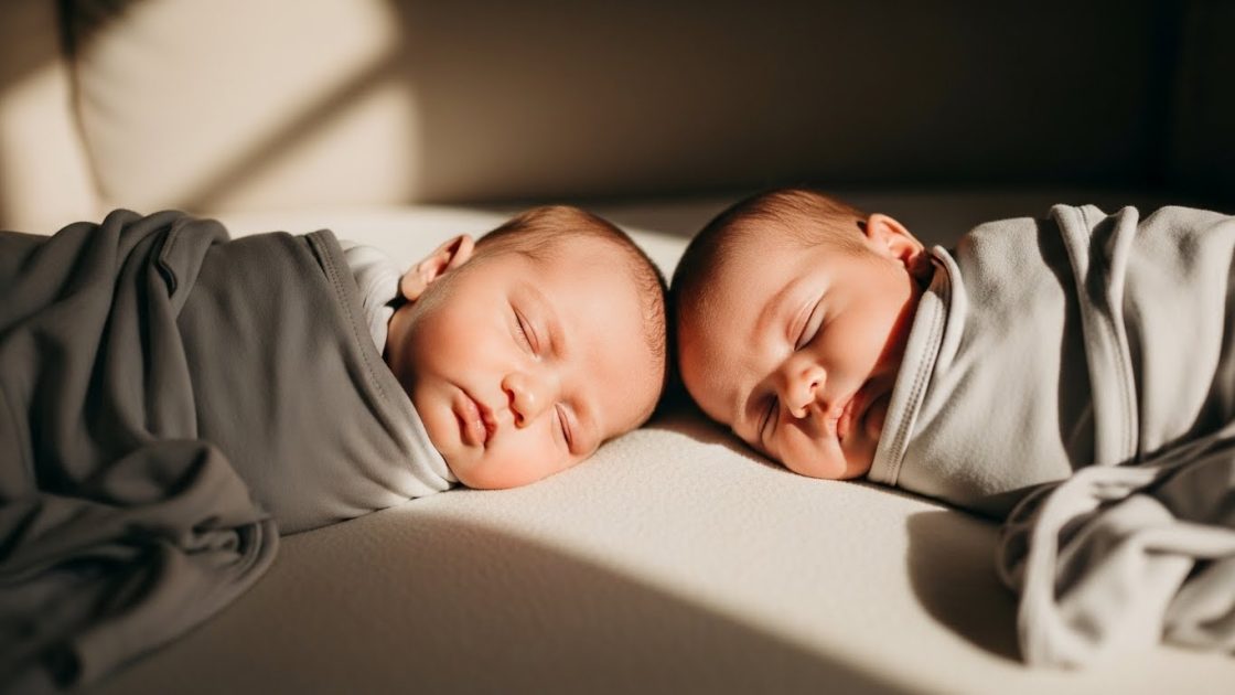 Sleeping twin babies wrapped in soft blankets, resting side by side in gentle natural light