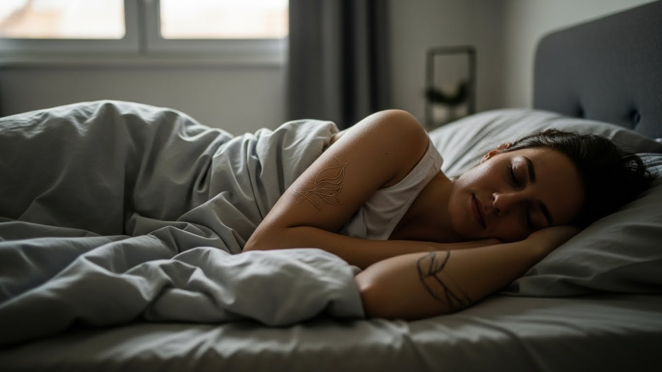 Woman sleeping peacefully in bed with simple tattoos on her arm under soft natural morning light.