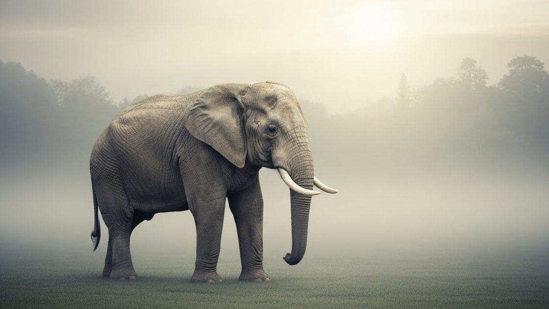 Elephant standing in a misty field, symbolizing strength, wisdom, and deep emotional meaning in dreams