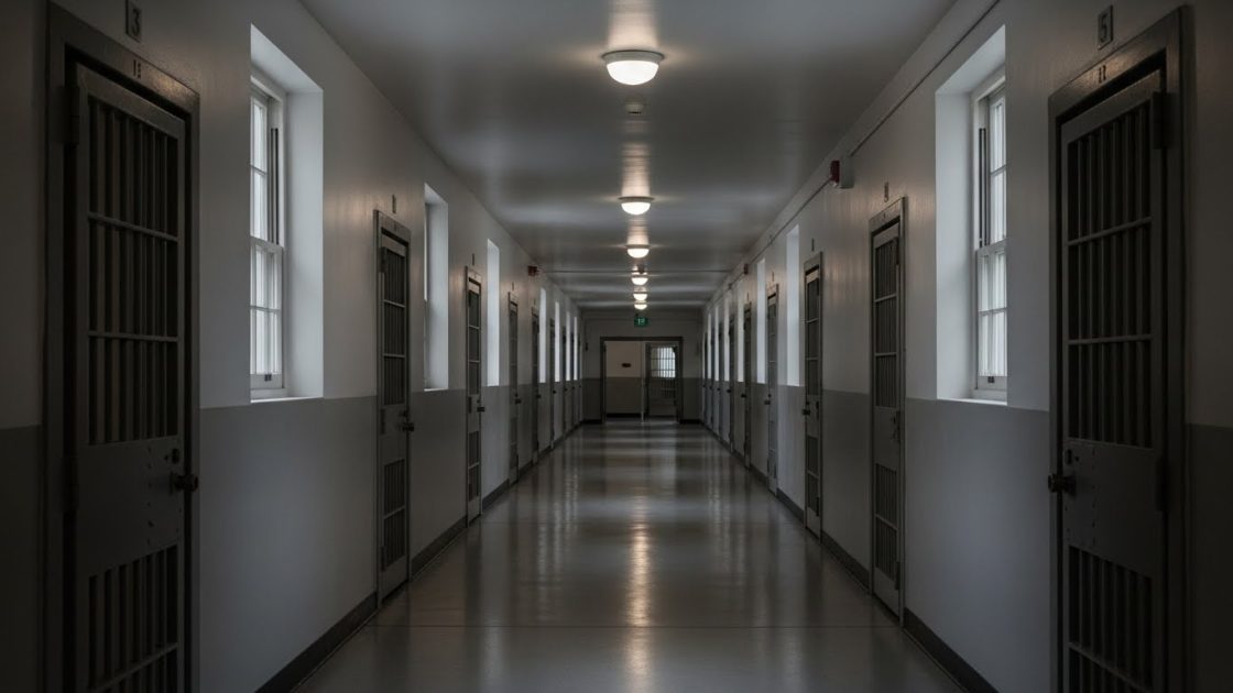 Empty prison hallway with barred cell doors, narrow windows, overhead lights, quiet confined mood.