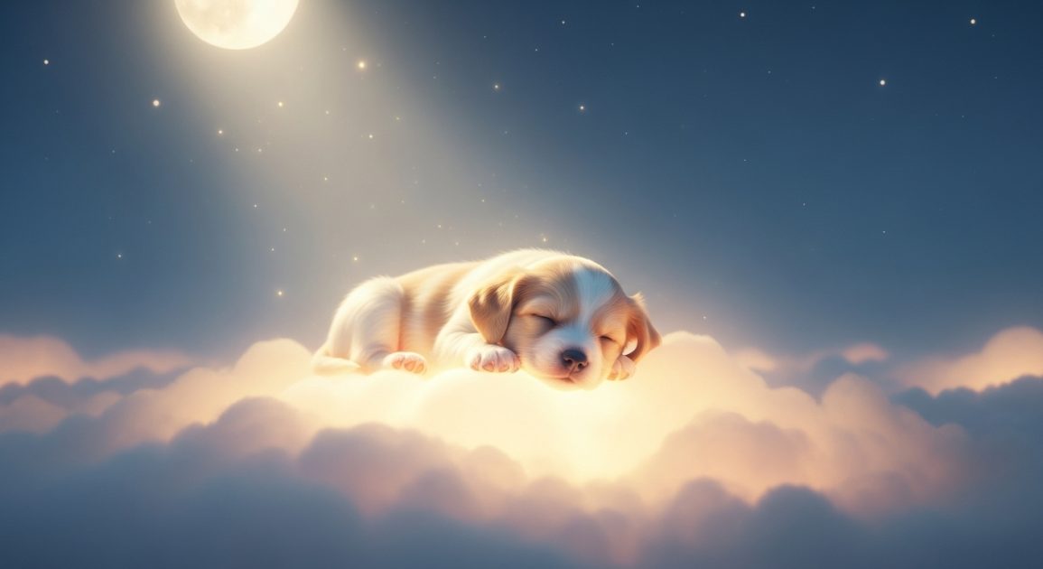 Sleeping puppy on glowing clouds under moonlight, symbolizing peaceful dreams and spiritual comfort