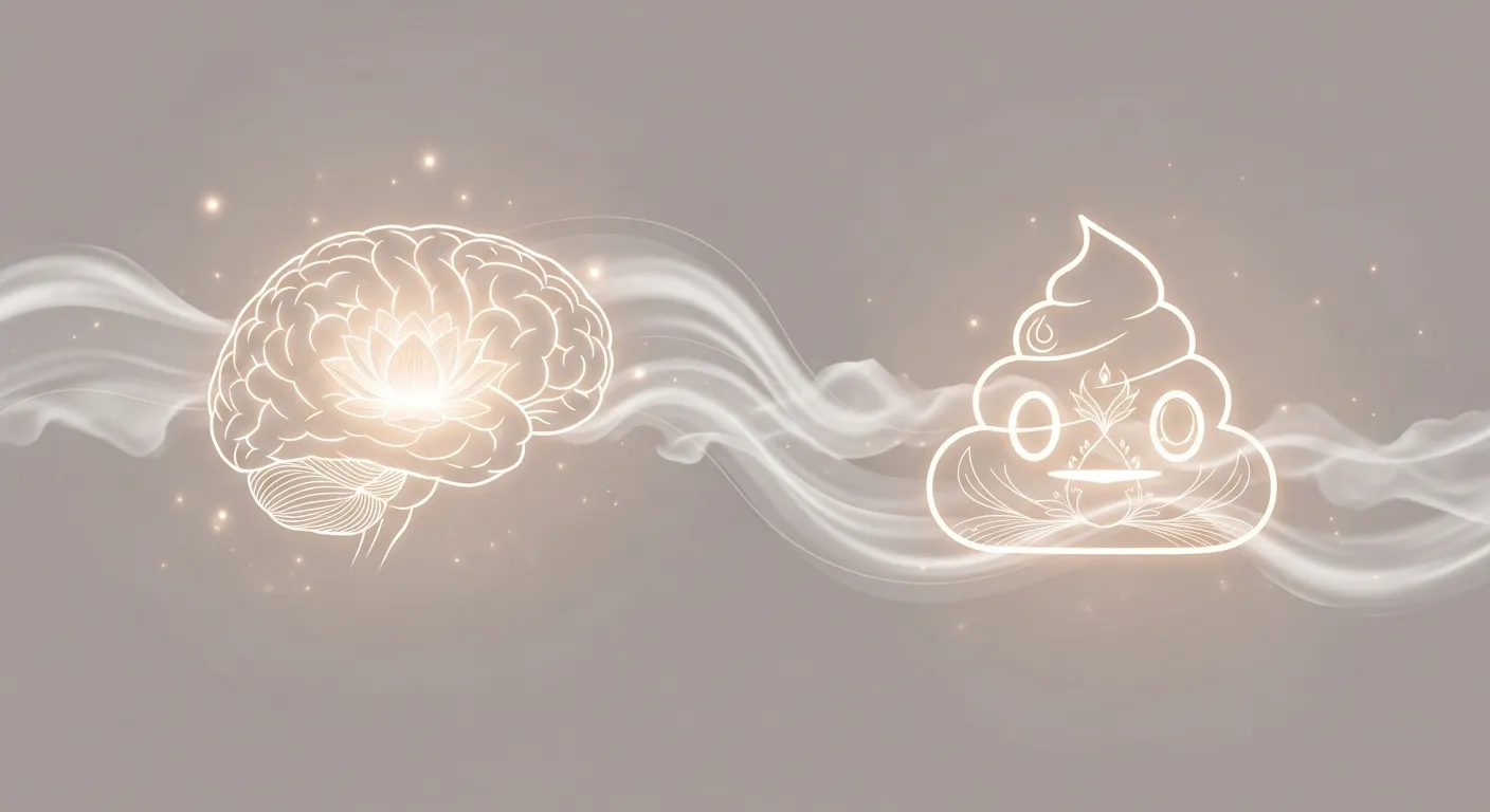 A glowing, cartoon-style brain and poop symbol, connected by a soft flowing mist, symbolizing transformation.