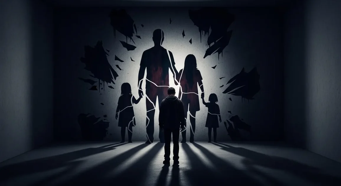 A person standing in front of a wall with a cracked, fragmented silhouette of a family, symbolizing emotional distance or conflict within a family.