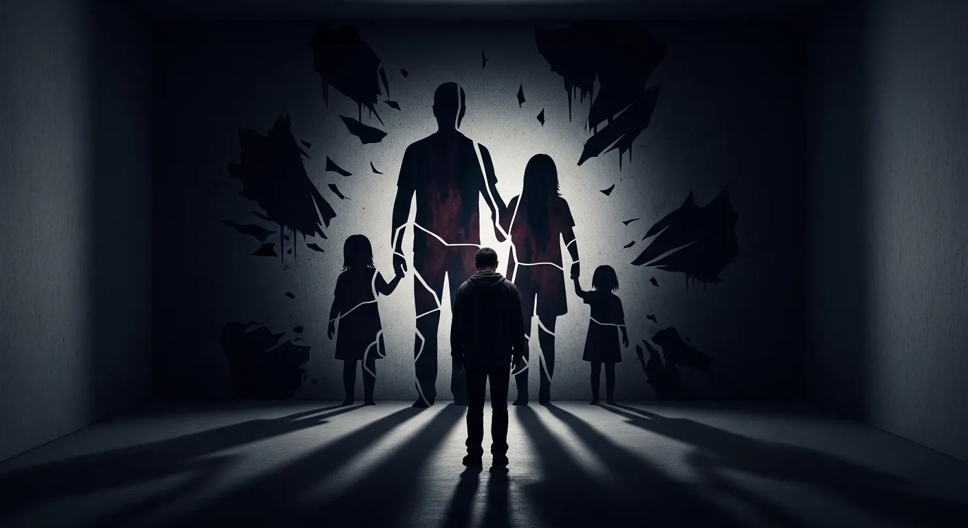 A person standing in front of a wall with a cracked, fragmented silhouette of a family, symbolizing emotional distance or conflict within a family.