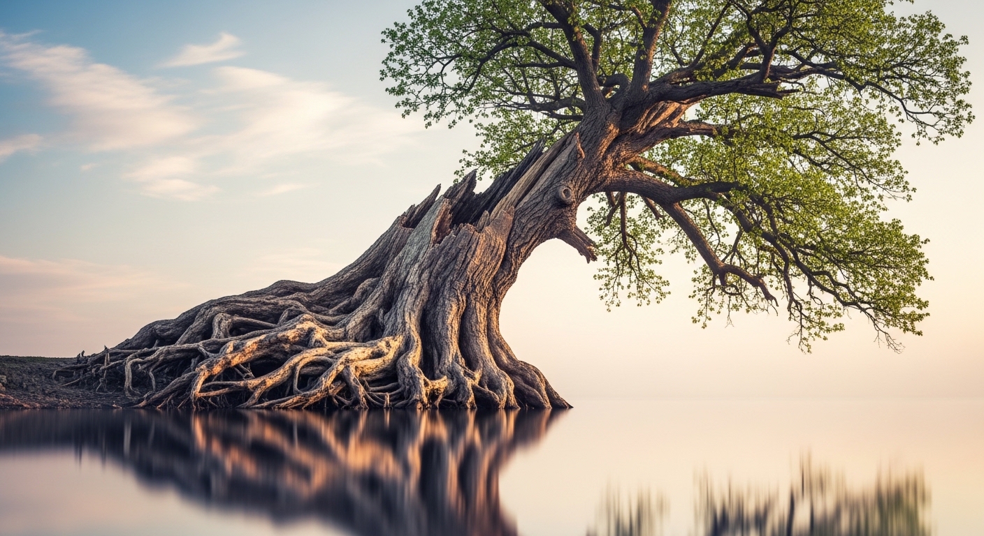 A weathered tree with exposed roots and a split trunk, symbolizing transformation and renewal.
