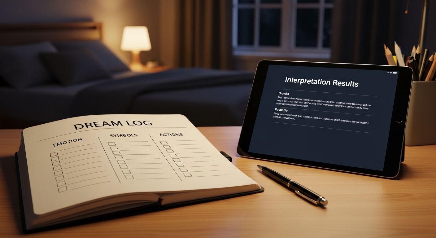 Dream journal and tablet showing interpretation results on bedside desk in a dim bedroom at night